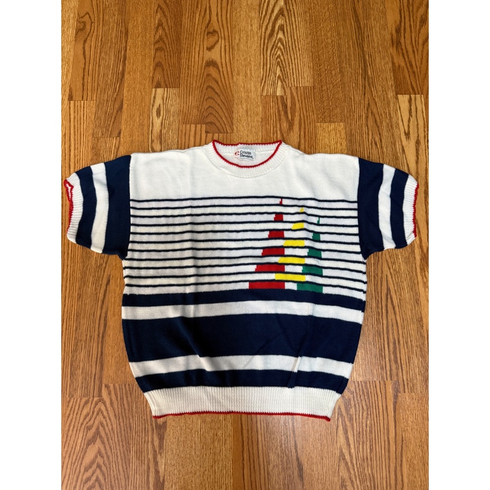 Vintage Cristin Stevens Womens Nautical Sailboat Knit Sweater Short Sleeve Navy